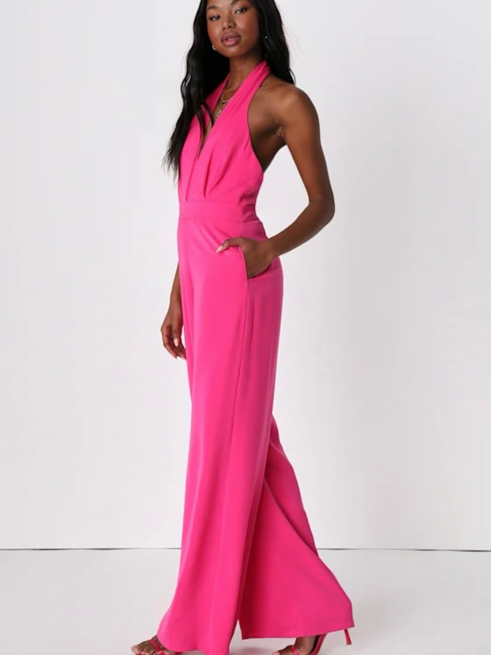 Lulus Halter-Neck Wide-Leg Jumpsuit in Hot Pink